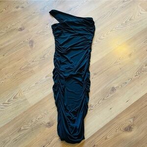 Fashion Nova black slinky dress Medium body con one shoulder night out club long